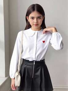 SHEIN Tween Girl Casual Comfortable Collared Heart Pattern Embroidered Cotton Shirt - White - View 4