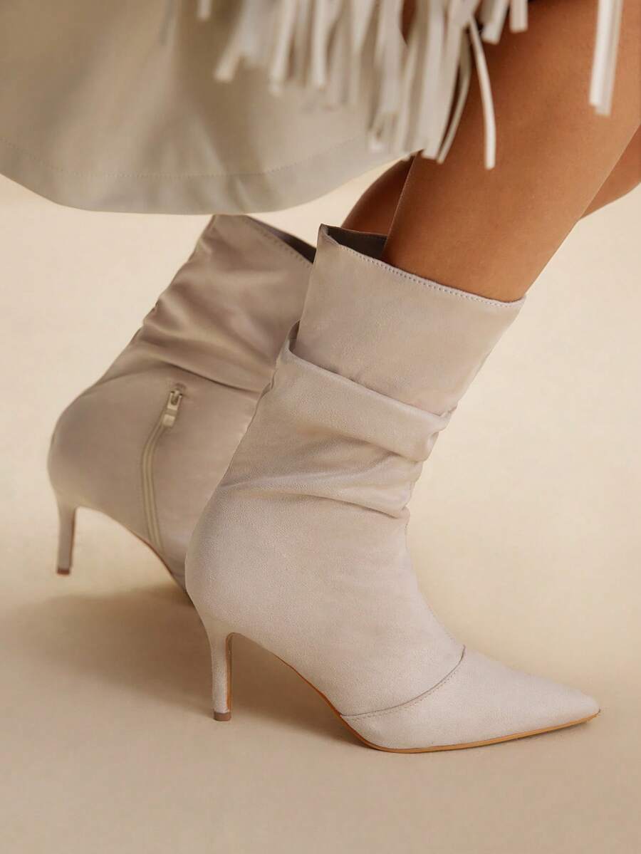 Daringsoles 女士褶皱时尚日常百搭高跟中筒靴 - 杏色 - 查看 1