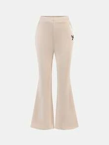 SHEIN 2pcs/Set Young Girls Bow Print Knit Casual Everyday Fashion Matching Set - Khaki - View 9