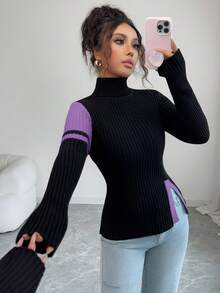 Elenzga Áo len chui đầu cổ cao màu đen vá viền xanh lá cây thời trang dành cho nữ, quà tặng Giáng sinh, Năm mới, Lễ tạ ơn - Màu tím - Xem 3