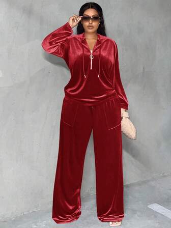 Slaydiva 2025秋冬新款休闲运动基础款日常休闲家居休闲纯色棕色宽松半拉链插肩袖连帽T恤和宽松阔腿口袋超长裤，天鹅绒面料，大码女装两件套