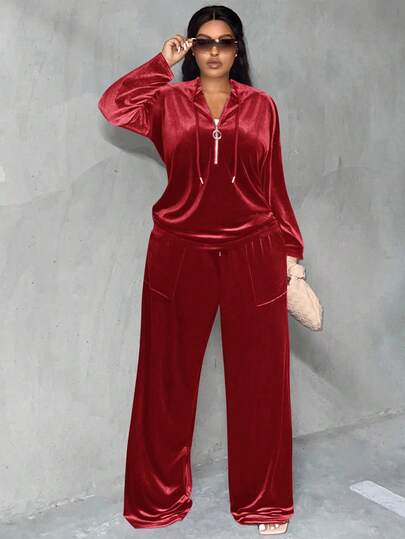 Slaydiva 2025秋冬新款休闲运动基础款日常休闲家居休闲纯色棕色宽松半拉链插肩袖连帽T恤和宽松阔腿口袋超长裤，天鹅绒面料，大码女装两件套