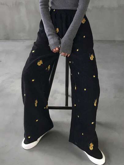 FRIFUL 女士棕色刺绣直筒裤，春季款