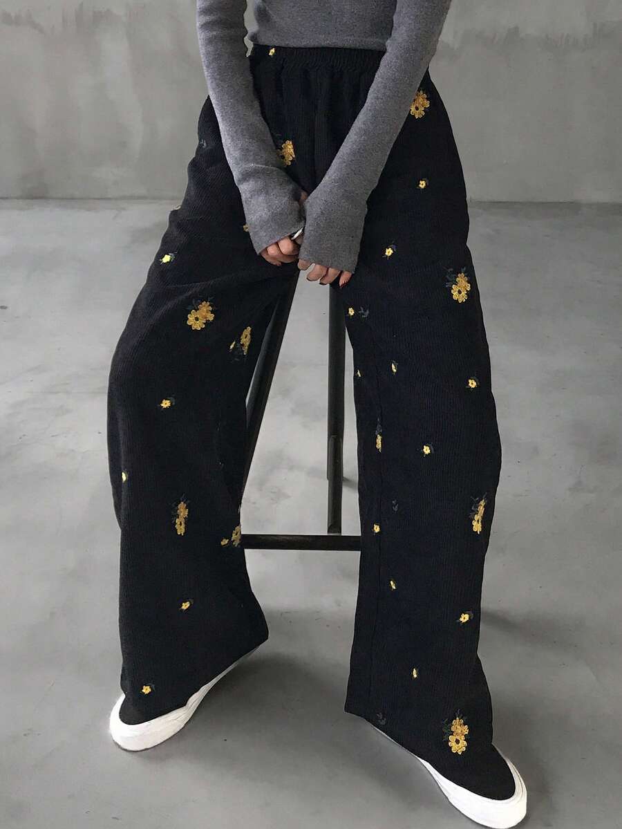 FRIFUL 女士棕色刺绣直筒裤，春季款 - 黑色 - 查看 1