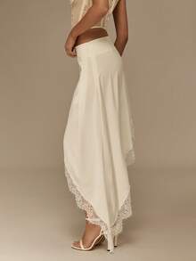 Glamine 女士优雅刺绣撞色蕾丝不对称半身裙，春夏款 - 杏色 - 查看 2