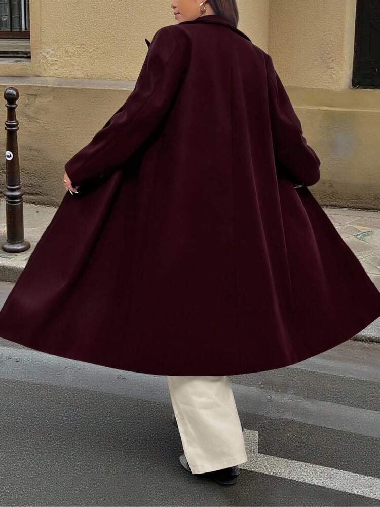 Femmeverse Plus Size Women's Autumn/Winter New Design Sense Coat, High-Quality Wool Blend Long Jacket - Burgundy - View 2