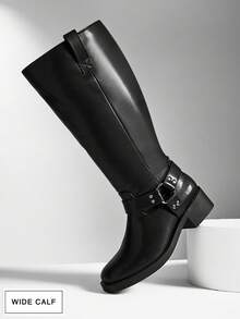 SHUZIA Women's Wide-Calf Fashion Comfortable Block Heel Mid-Calf Combat Boots With Strap And Hardware Decor For Christmas - Black - View 5