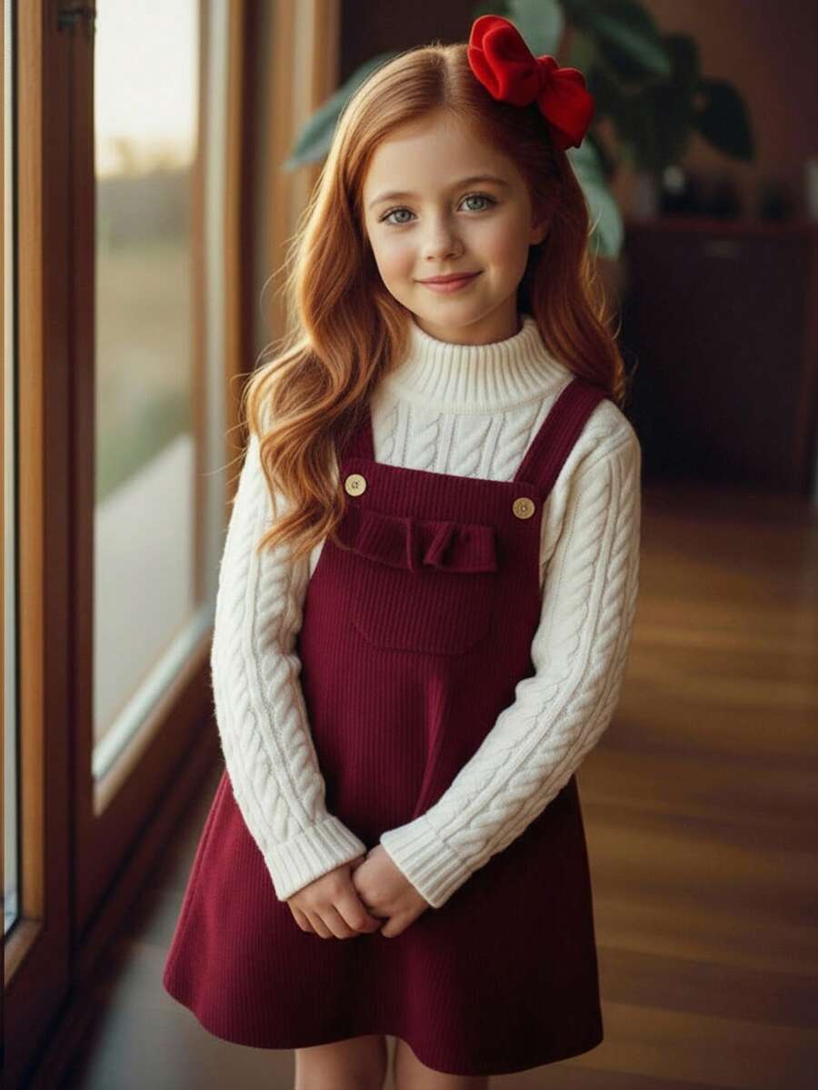 Emery Rose Kids 少女圣诞可爱酒红色灯芯绒背带裙 - 紅色 - 查看 1