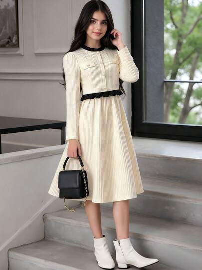 SHEIN 两件套青少年休闲提花树叶印花长袖立领纽扣装饰开襟外套上衣搭配简约A字裙，适合日常休闲穿着，秋冬季节适用。