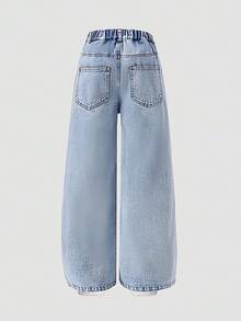 SHEIN ChillGRL Tween Girl Jeans - 2025 Autumn/Winter New Arrival. Fashionable Wide Leg Jeans With Cute Heart Embroidery, Vintage Distressed Denim, Y2K Collegiate Style, Casual, Adorable, Retro. Heart Embroidery, Ripped Details, Comfortable Cotton Denim, Blue Jeans For All Seasons, Stylish And Wide Leg Jeans Jean Pants Embroidery Full For 11 To 12 Year Old With Plant Pants With Flowers - Blue - View 2