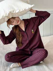DAZY 少女休闲格子家居服套装，宽松舒适卡通图案直筒裤，秋季款 - 中紫紅色 - 查看 2