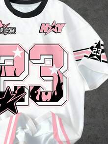 SHEIN EZwear 休闲简约圆领T恤，印有数字23和英文字母赛车图案，宽松短袖设计，适合女性外出、街头风格和时尚场合。