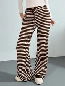 SHEIN Tall 舒适休闲纯色针织低腰阔腿女式运动裤 - 棕色 - 查看 1