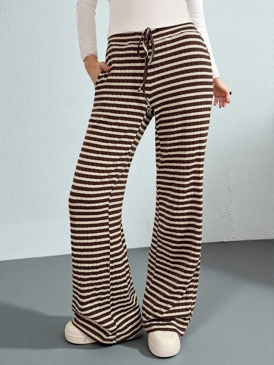 SHEIN Tall 舒适休闲纯色针织低腰阔腿女式运动裤 - 棕色 - 查看 1