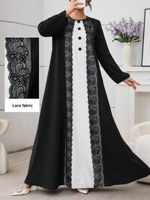 Al Najma 黑白撞色蕾丝边拼接长袖宽松睡袍