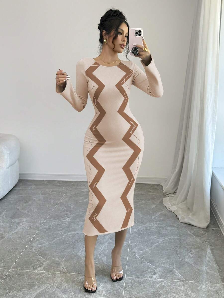 Elenzga 女士喇叭袖毛衣连衣裙 - 卡其色 - 查看 1