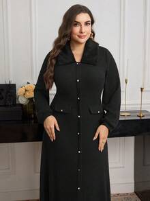 Modelyn Ribbed Knit Patchwork Faux Fur Collar Long Sleeve Elegant Fashionable Romantic Plus Size Dress - Black - View 5