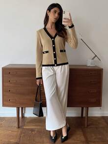 Elyressa Elegant Commuter Colorblock Trim Long Sleeve T-Shirt, Autumn - Coffee Brown - View 3