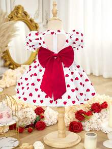 Elegant And Adorable White Polka Dot Dress With Heart And Butterfly Embellishments, Baby Girl Style, Valentine's Day Heart Design, 3D Bow Puff Sleeve Dress, Elegant White Dress With Heart Motifs, Graceful And Cute. - Multicolor - View 2