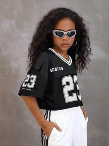 Coolane Kids Tween Girls Spring/Summer/Fall/Winter V-Neck Mesh Fabric Letter & Number Print Loose Cropped T-Shirt