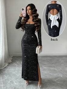 Elenzga 优雅休闲性感长裙，圆领，长袖，金属面料，腰部设计，露背，蝴蝶结，撞色拼接，适合派对和约会 - 黑色 - 查看 1