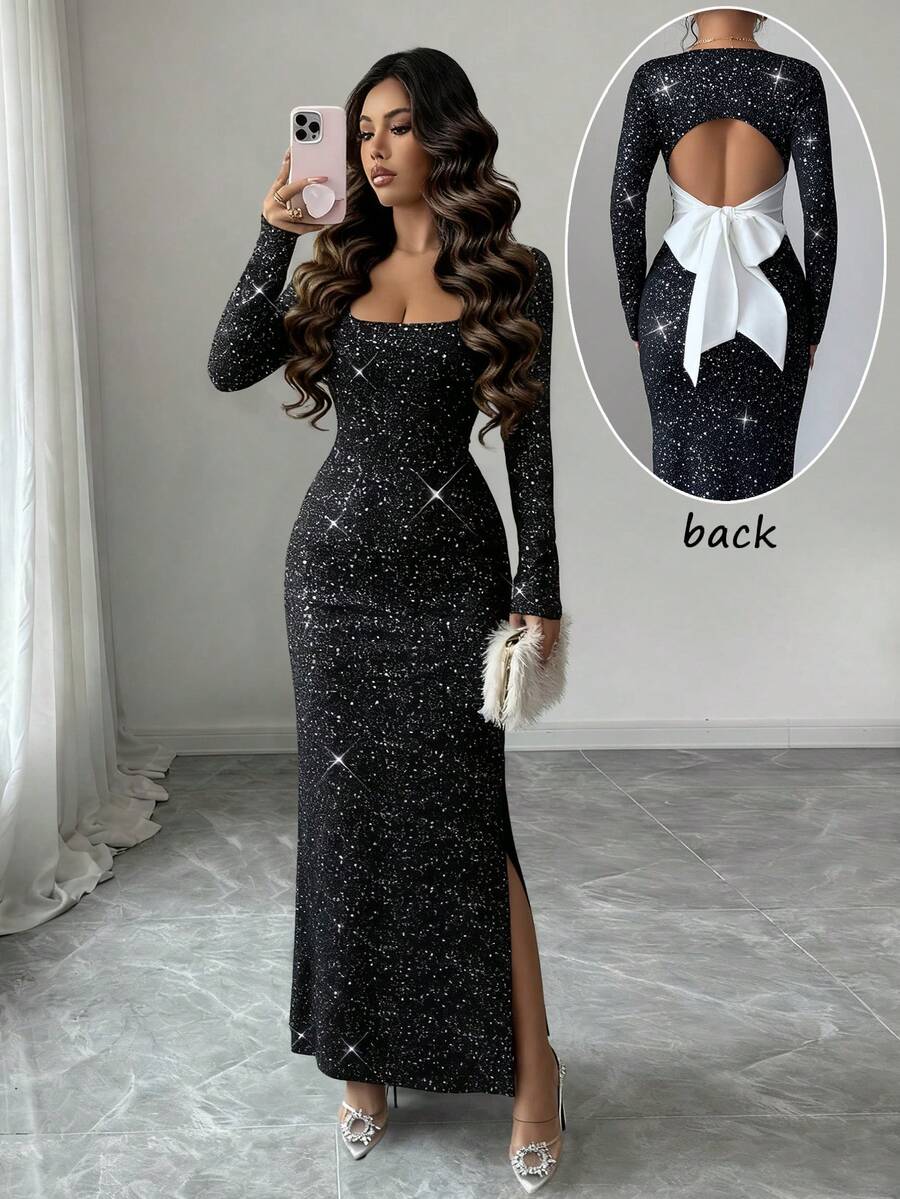 Elenzga 优雅休闲性感长裙，圆领，长袖，金属面料，腰部设计，露背，蝴蝶结，撞色拼接，适合派对和约会 - 黑色 - 查看 1