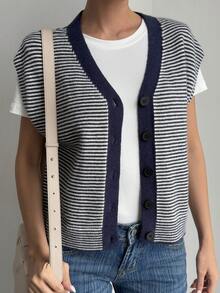 Livesso Women's Striped Sleeveless Sweater Vest, Autumn/Winter - Blue - View 4