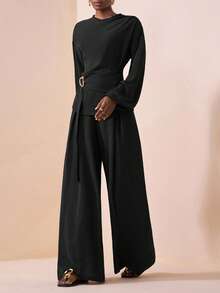 Zivah 2025秋季新款音乐节西式游牧风生日派对毕业大学生日常休闲装婚礼宾客波西米亚通勤机场派对假日优雅长袖褶皱肩部金属装饰腰带上衣和阔腿口袋裤两件套 - 黑色 - 查看 3