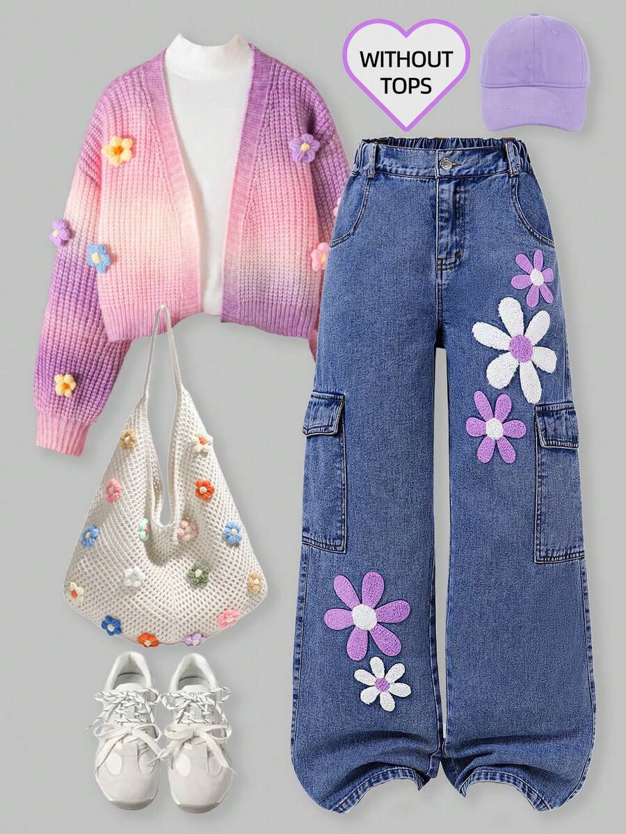 SHEIN ChillGRL Quần jeans ống rộng thêu hoa tuyết thời trang cho bé gái tuổi teen, thích hợp cho mùa xuân, hè, thu và đông với họa tiết bướm và hoa, quần jeans ống rộng họa tiết hoa thập niên 90 cho trẻ em, quần jeans rộng thùng thình thêu họa tiết phong cách Y2K. - Rửa tối - Xem 1