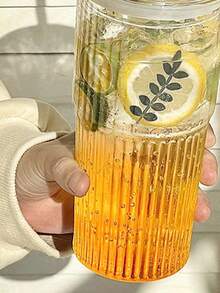 600毫升/21盎司大容量水杯套装，新款夏季女士玻璃杯，带盖和吸管，竖条纹玻璃杯（含吸管和盖子），精美玻璃饮水杯，适用于咖啡、茶、牛奶、冰美式和拿铁等饮品。 - 透明 - 查看 3