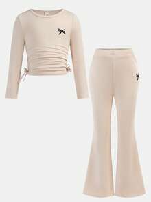 SHEIN 2pcs/Set Young Girls Bow Print Knit Casual Everyday Fashion Matching Set - Khaki - View 10