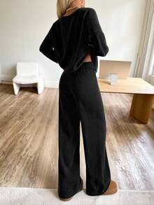 SHEIN EZwear 大码舒适黑色针织家居服套装 - 黑色 - 查看 2