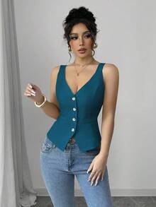 Elenzga Solid Color Front Button Fitted V-Neck Elegant Fashion Top - Blue - View 6