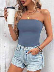 Sylviya 女士纯色休闲露肩抹胸，紧身运动休闲短款蓝色上衣，适合夏季