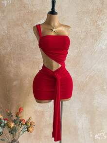 Soleia Váy mini buộc dây màu trơn gợi cảm thời trang dành cho nữ - Đỏ - Xem 6