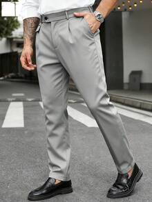 Manfinity Mode 大码男士简约纯色直筒裤，斜插口袋设计，适合工作和通勤穿着。 - 淺灰色 - 查看 6