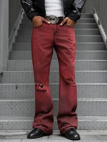 Manfinity EMRG 男士做旧直筒喇叭牛仔裤 做旧红色牛仔裤 男士喇叭牛仔裤 酒红色牛仔裤 男士 男士喇叭牛仔裤 - 酒紅色 - 查看 3
