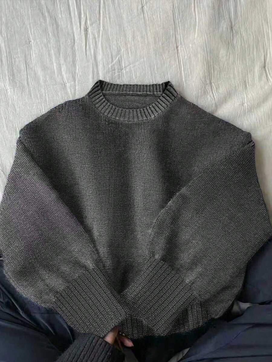 EMERY ROSE Women's Casual Solid Color Drop Shoulder Sweater, Versatile For Autumn/Winter - Grey - View 1