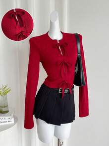 SHEIN LUNE Autumn/Winter New Stylish Unique Slimming Lace-Up Textured Knit T-Shirt - Red - View 1