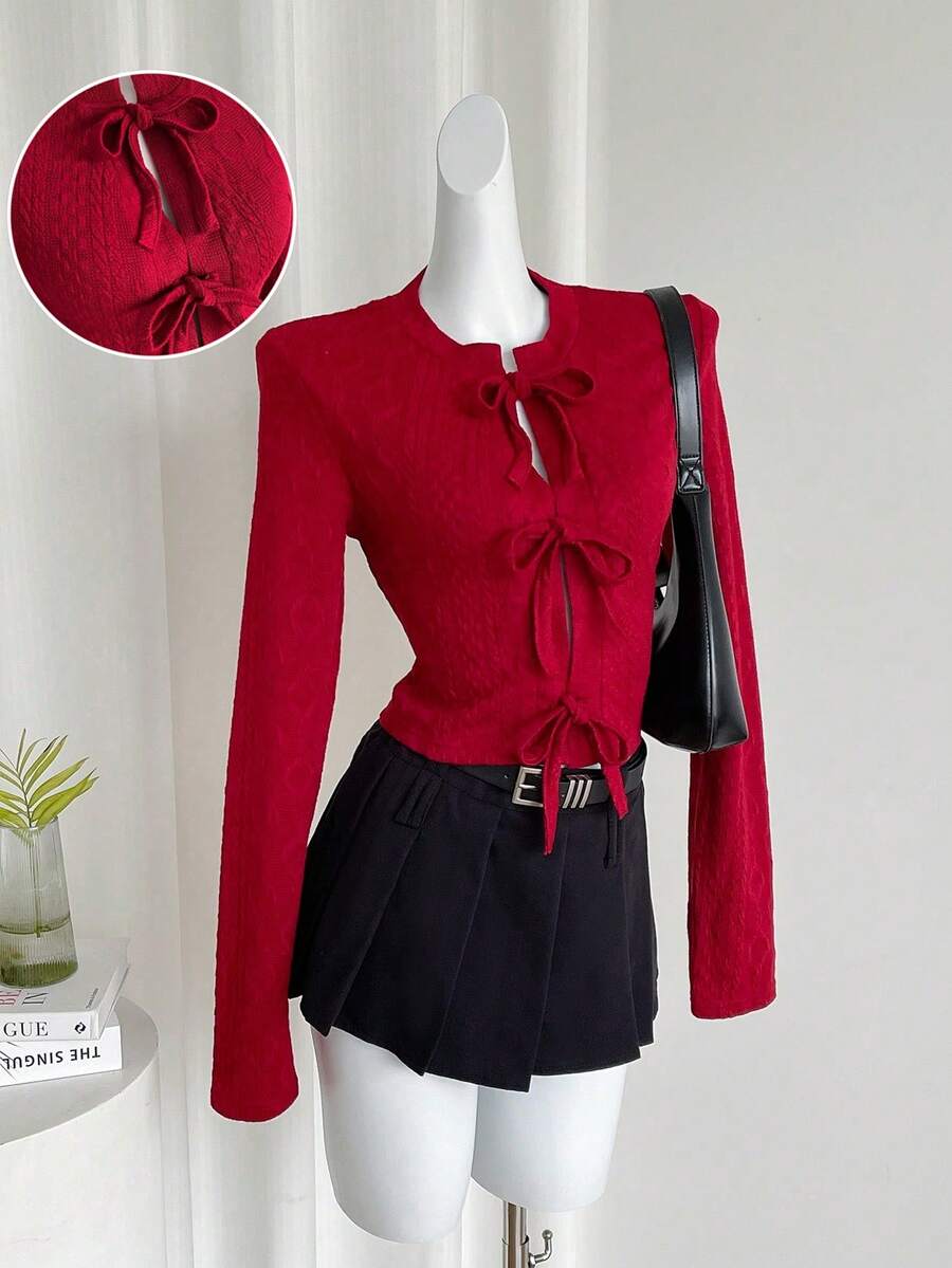 SHEIN LUNE Autumn/Winter New Stylish Unique Slimming Lace-Up Textured Knit T-Shirt - Red - View 1