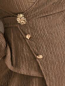 Elegantrix 秋冬女装时尚休闲纯色纹理金属扣带不对称开衩裤套装，时尚外出，女士办公室装，工作/办公室 - 卡其色 - 查看 4