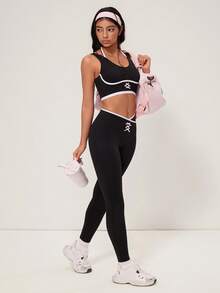 Medorelle Bộ đồ tập yoga 2 món viền đen trắng dành cho nữ - màu đen - Xem 3