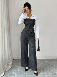 SHEIN Elenzya Conjunto de 2 piezas de blusa de mujer elegante con cuello en V de rayas de contraste y pantalones de pierna ancha, para otoño/invierno - Blanco y Negro - Ver 5
