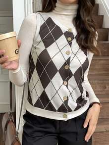 Elyressa Women's Casual Rhombus Print Button Front Top, Autumn - Coffee Brown - View 4
