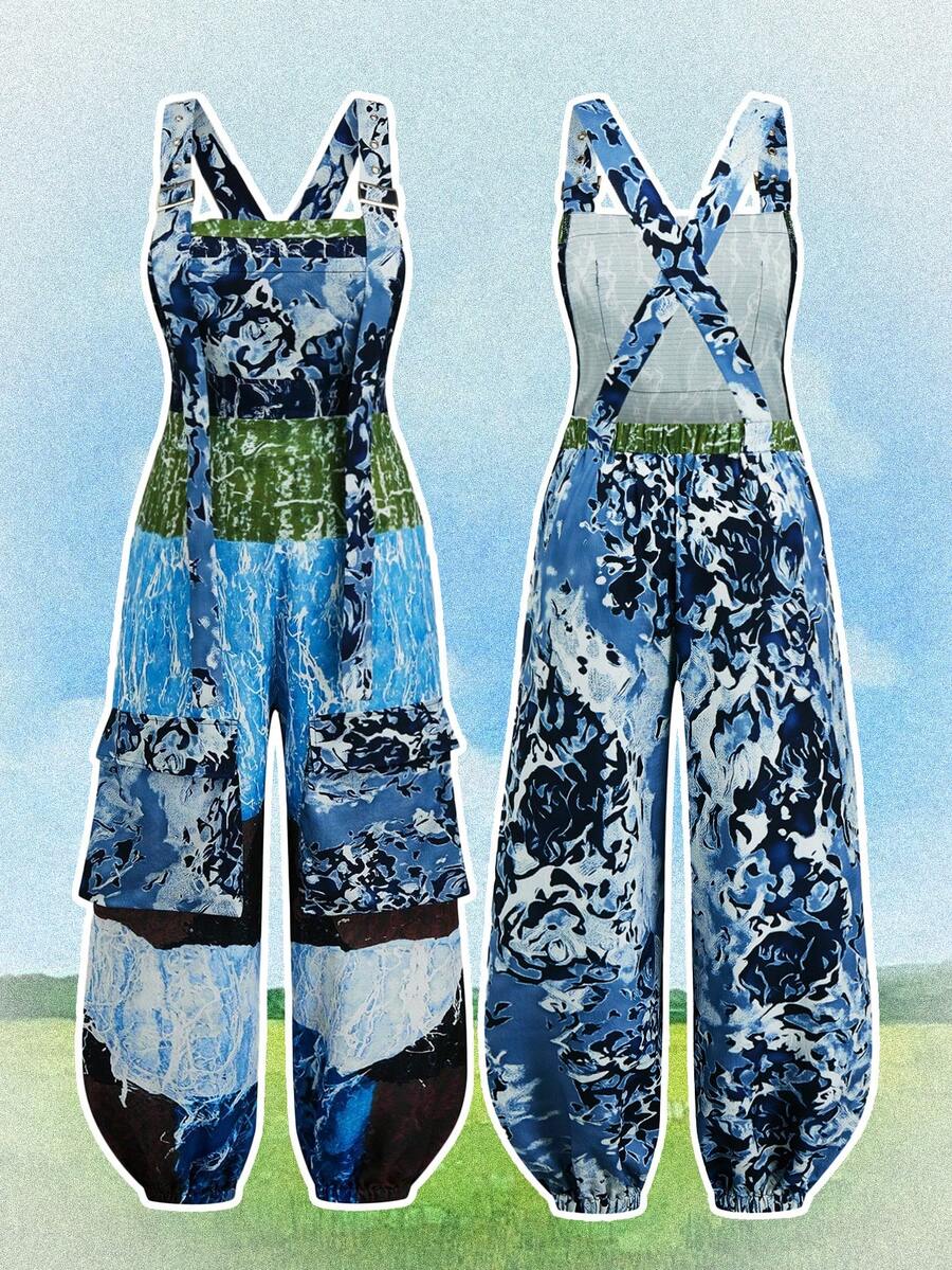 Sweetra Bộ đồ liền thân thường ngày họa tiết hoa lãng mạn cổ điển - Màu xanh lam - Xem 1