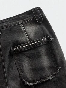 ROMWE MEN Grunge Punk Herren Mode Zerrissene Nieten Dekor Bootcut Jeans - Schwarz - Übersicht 5