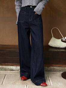 Livesso Women's Casual Loose Wide Leg Jeans - Navy Blue - View 3