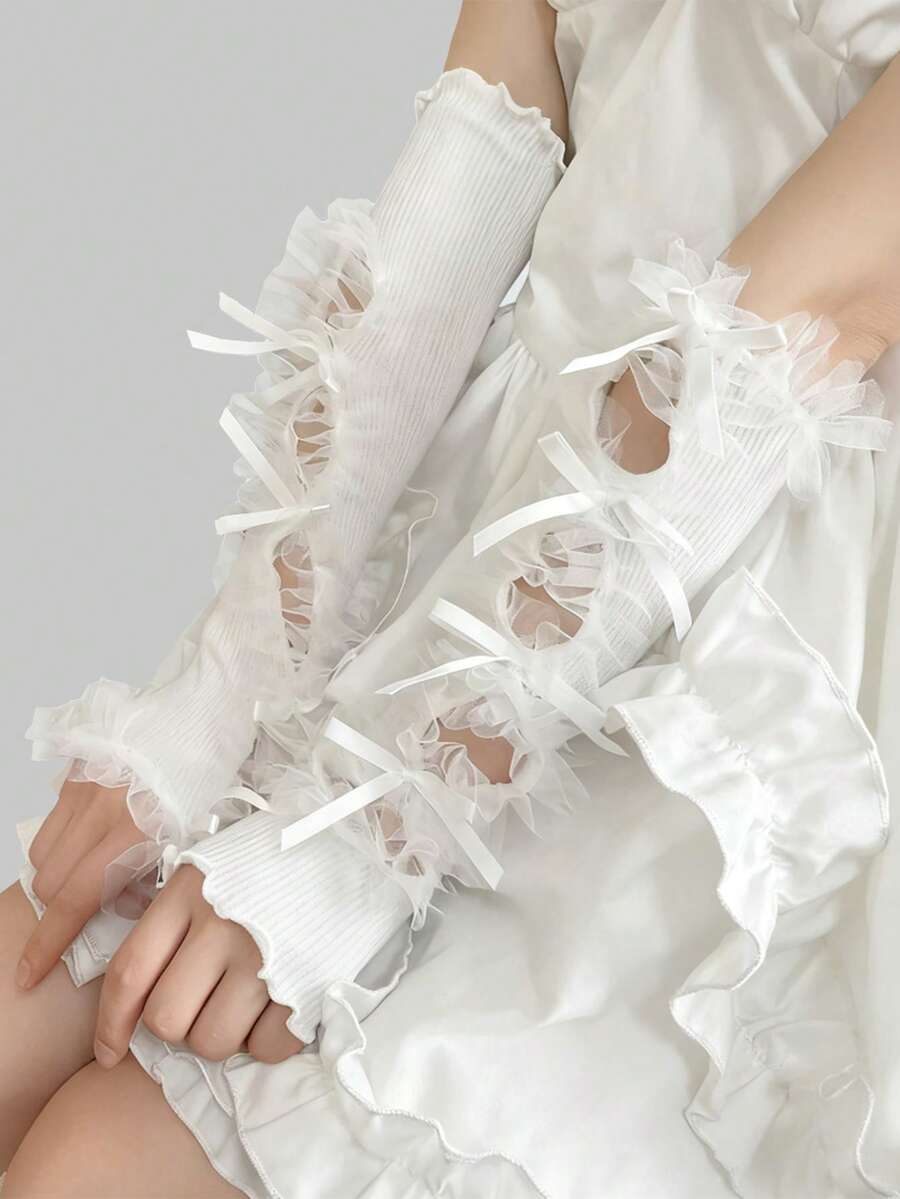 ROMWE Kawaii 镂空网纱长袖套，饰有蝴蝶结和荷叶边，个性化派对手套 - 白色 - 查看 1