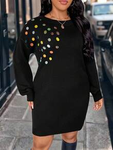 EMERY ROSE 大码女式纯色针织激光串珠刺绣休闲优雅毛衣连衣裙，适合圣诞节、返校季、浪漫假期、办公穿着 - 黑色 - 查看 9