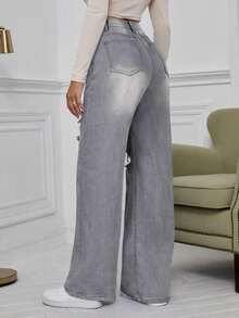 SHEIN ICON Jeans de pierna ancha con cintura alta y rotos en azul denim lavado - Gris - Ver 2